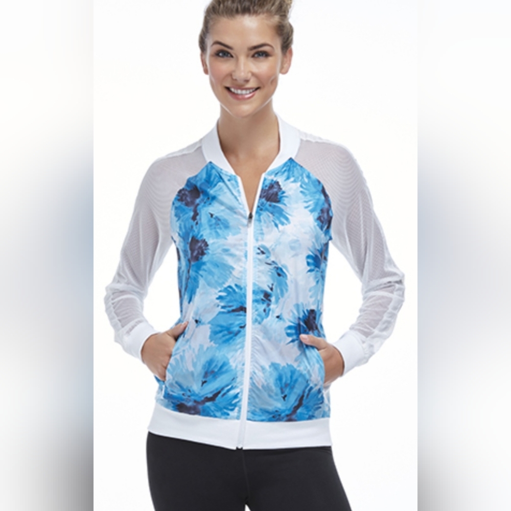 Fabletics white Atlanta jacket blue floral print mesh sleeves women's si…